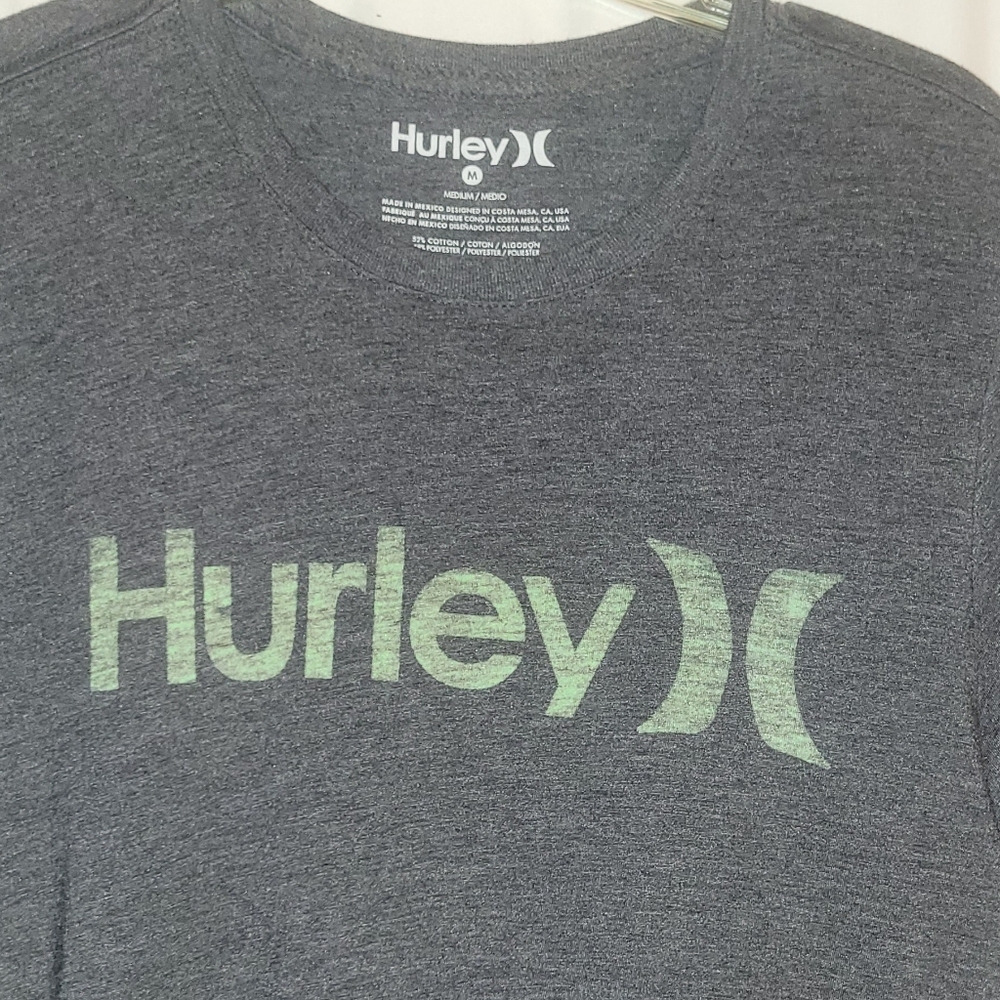 Hurley Men's Dark Charcoal Tee with Faded Lime Green Logo